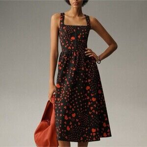 Anthropologie Avec Les Filles Midi Dress Red Hearts Love Boho Preppy Size 10 NWT